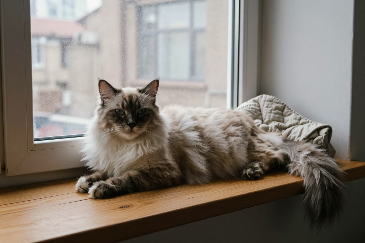 Burmilla Longhair Cat Lounging on Window Seat in Beijing Apartment in on a window seat in a quiet apartment with soft side light in Wangfujing, Beijing