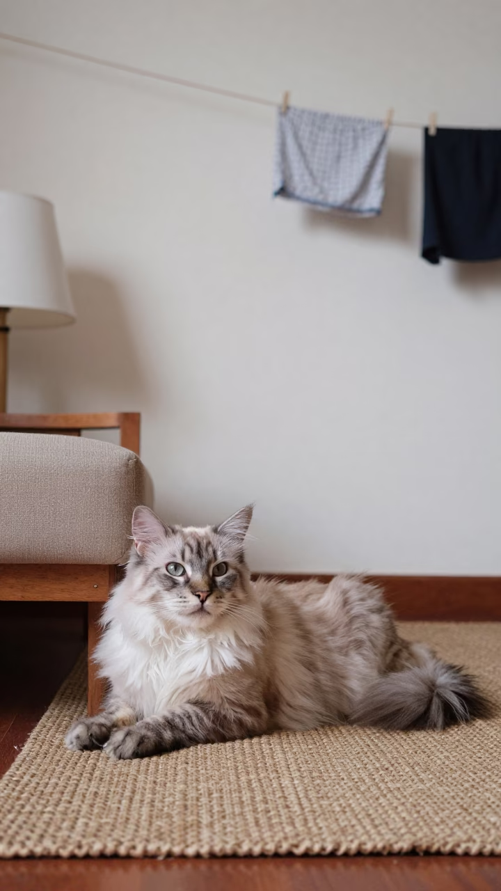 Burmilla Longhair Cat Lounging on Woven Rug in on a woven rug beside a low couch and an uncluttered wall near Sumbawanga