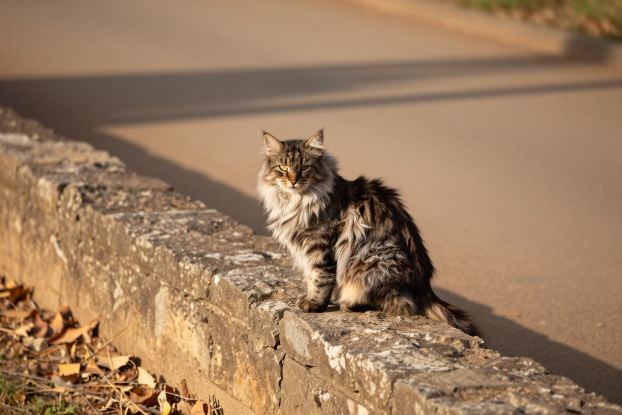 Burmilla Longhair Cat on Courtyard Wall in Osogbo in along a quiet park path with soft open shade and a clean background in Osogbo