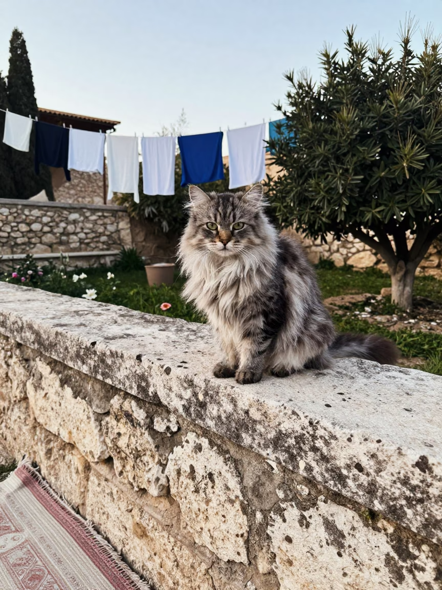 Burmilla Longhair Cat on Courtyard Wall Morning Light in near a garden edge with soft morning light and an uncluttered background near Tébessa