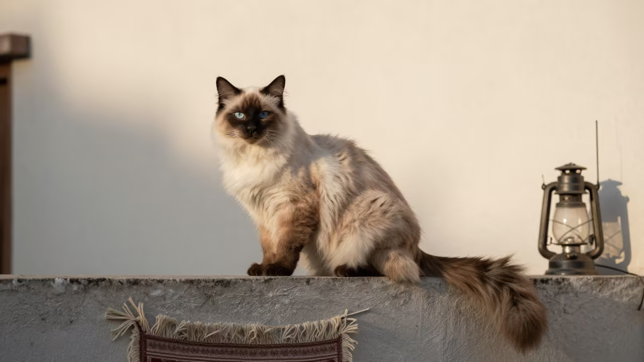 Burmilla Longhair Cat on Courtyard Wall in beside a plain courtyard wall in clear daylight with the animal at eye level near Barranquilla