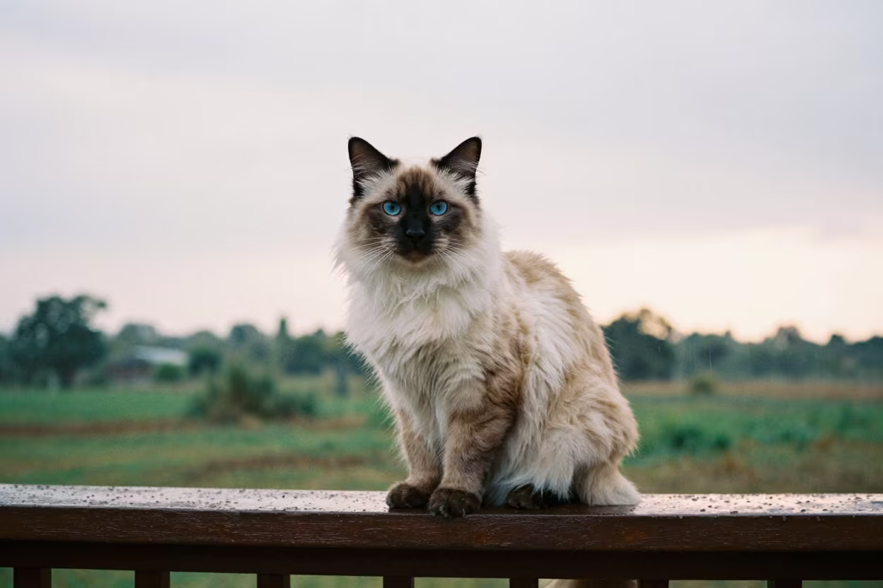 Burmilla Longhair Cat on Douala Porch Wall in on a shaded front porch with boards, railings, and eye-level framing in Douala