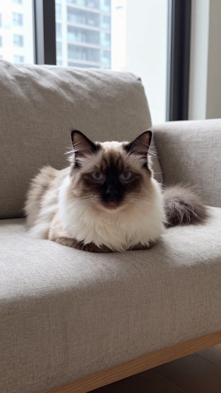 Burmilla Longhair Cat on Linen Sofa in Bangkok in on a linen sofa with daylight from a nearby window in Silom, Bangkok