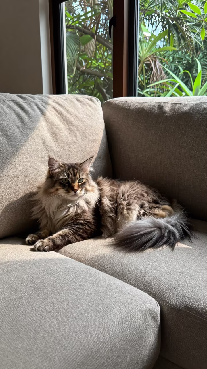 Burmilla Longhair Cat on Linen Sofa in on a linen sofa with daylight from a nearby window near Guiglo