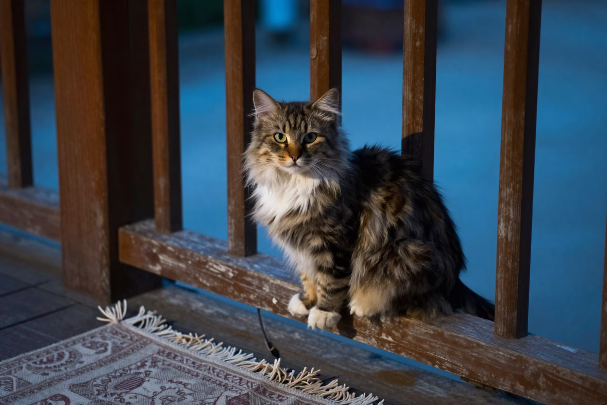 Burmilla Longhair Cat on Nanning Porch Wall in on a shaded front porch with boards, railings, and eye-level framing in Nanning