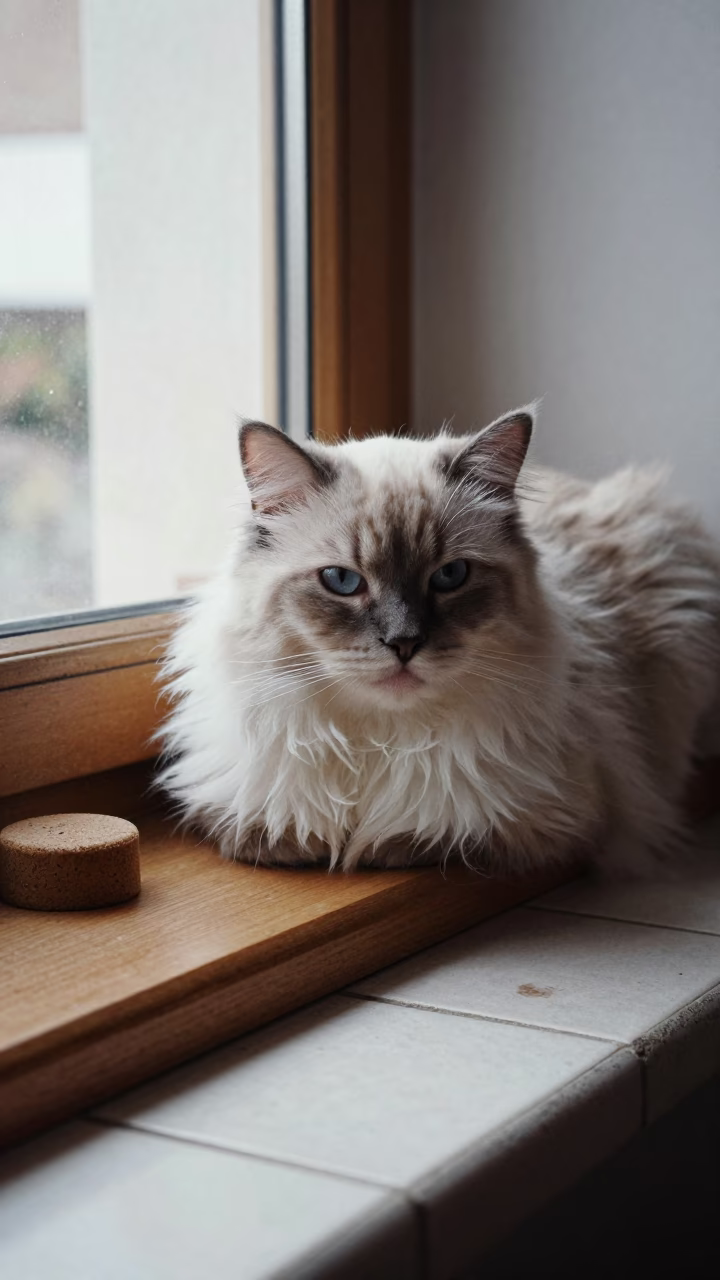 Burmilla Longhair Cat on Window Seat in on a window seat in a quiet apartment with soft side light near Annaba