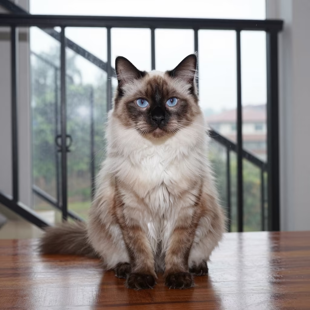 Burmilla Longhair Portrait in Mbuji-Mayi Studio in in a quiet portrait studio with a plain backdrop and eye-level framing in Mbuji-Mayi