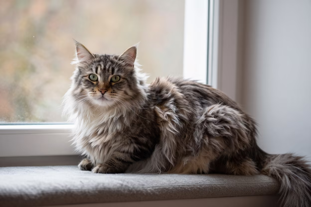 Burmilla Longhair Portrait on Window Seat in on a cushioned window seat with soft side light and an uncluttered background in Wolverhampton