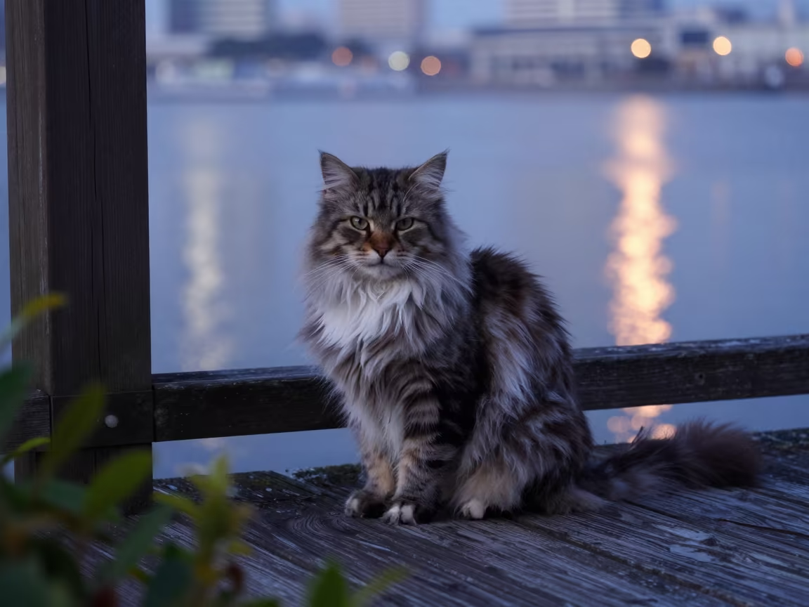 Burmilla Longhair Portrait on Yokohama Porch in on a shaded front porch with boards, railings, and eye-level framing in Yokohama