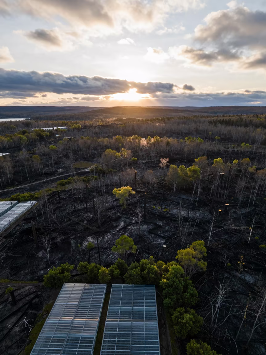 Burned Forest Regrowth Aerial View Newfoundland Sunset in high over greenhouse grids in Newfoundland