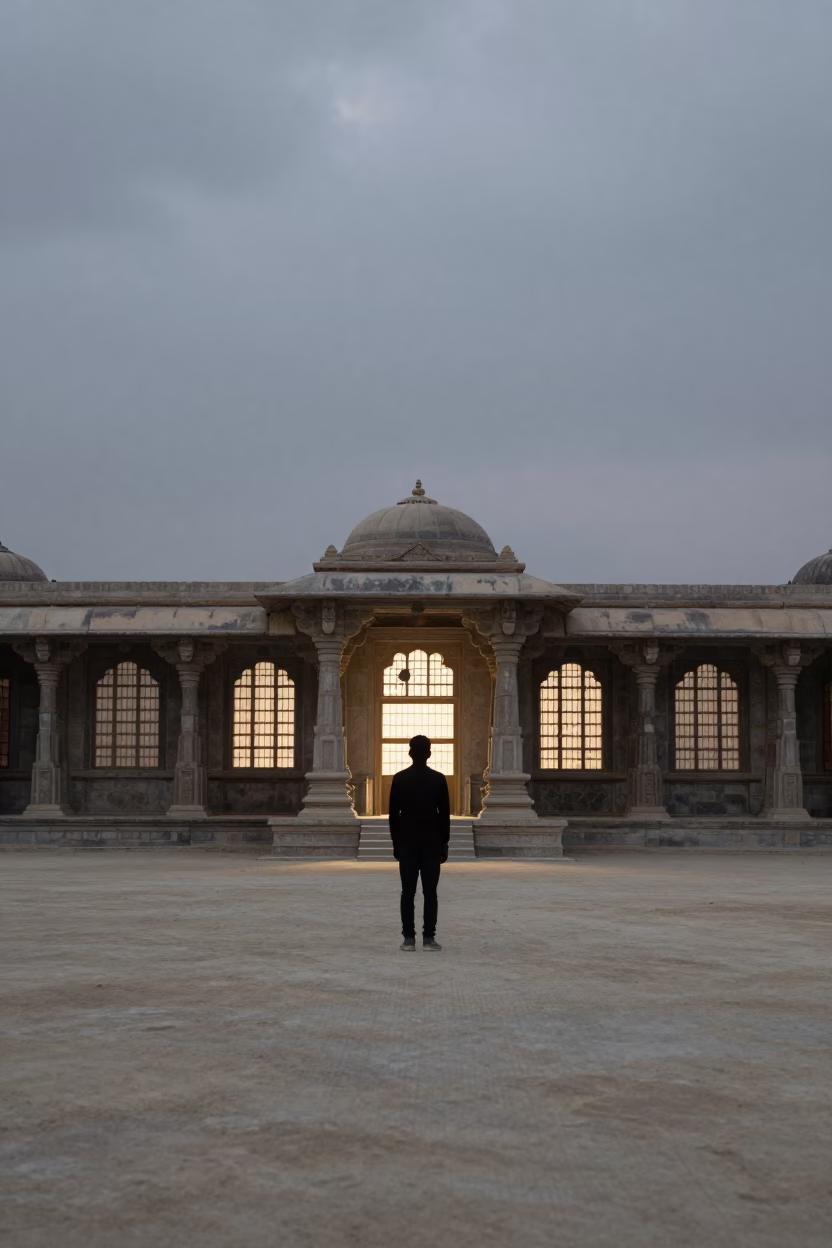 Burning Man Silhouette in Vijayapura Prayer Hall Dusk in in a prayer hall in Vijayapura
