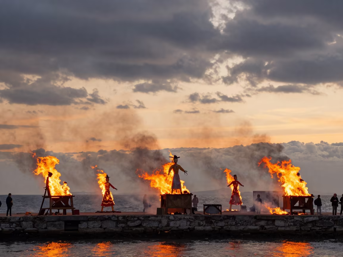 Burning Ninot Figures at Palermo Waterfront Sunset in at a waterfront celebration in Palermo