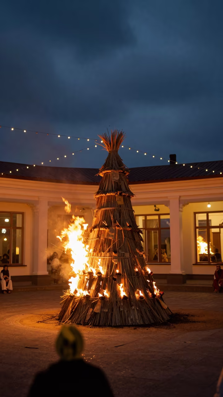 Burning Ravana Effigy at Night in Chișinău in in a ceremonial hall in Chișinău