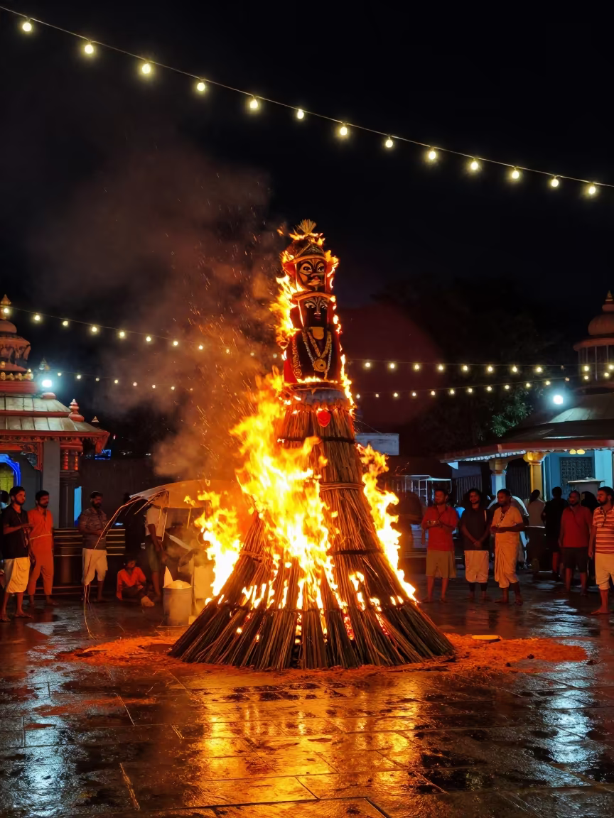 Burning Ravana Effigy at Night in Minna Temple in in a temple courtyard in Minna