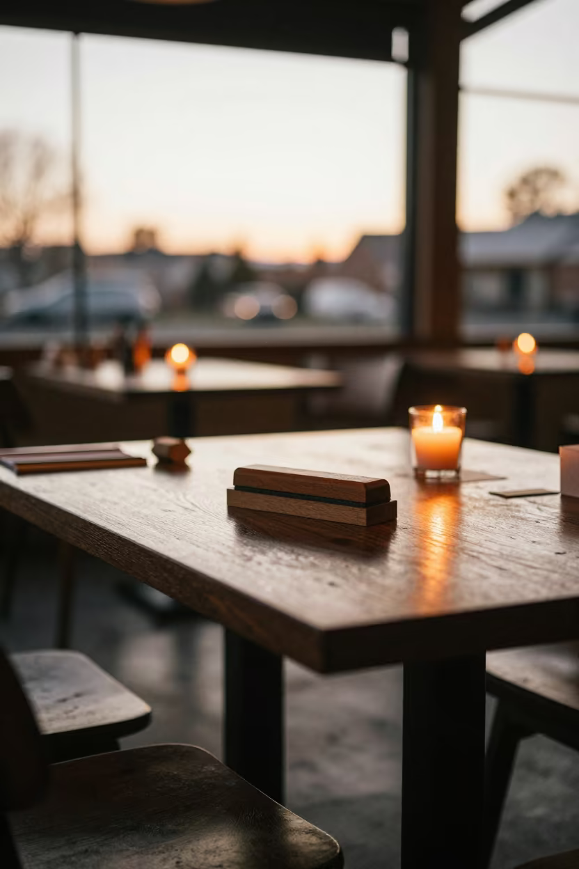 Burnisher on Cafe Table in Victoria at Sunset in on a cafe table by a window in Victoria