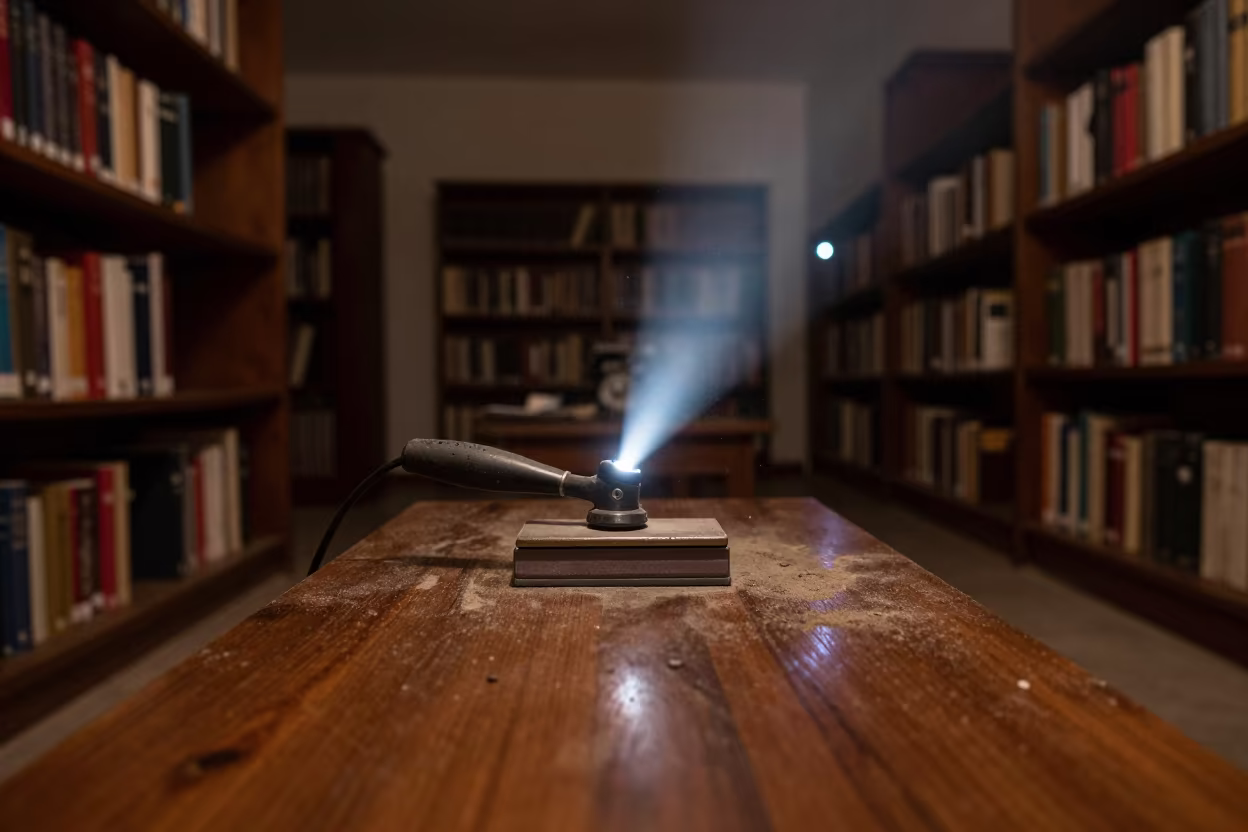 Burnisher on Dusty Library Table Midnight Glow in on a dusty library table in Playa del Carmen