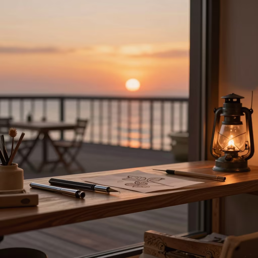 Burnisher on Shelf in Amber Sunset Light in on a pier railing near Monrovia