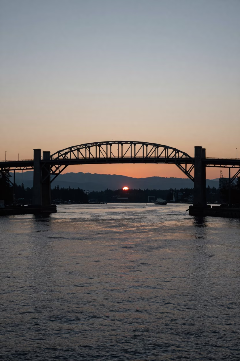 Burrard Street Bridge And Harbor Activity in Vancouver in in Vancouver, British Columbia, Canada