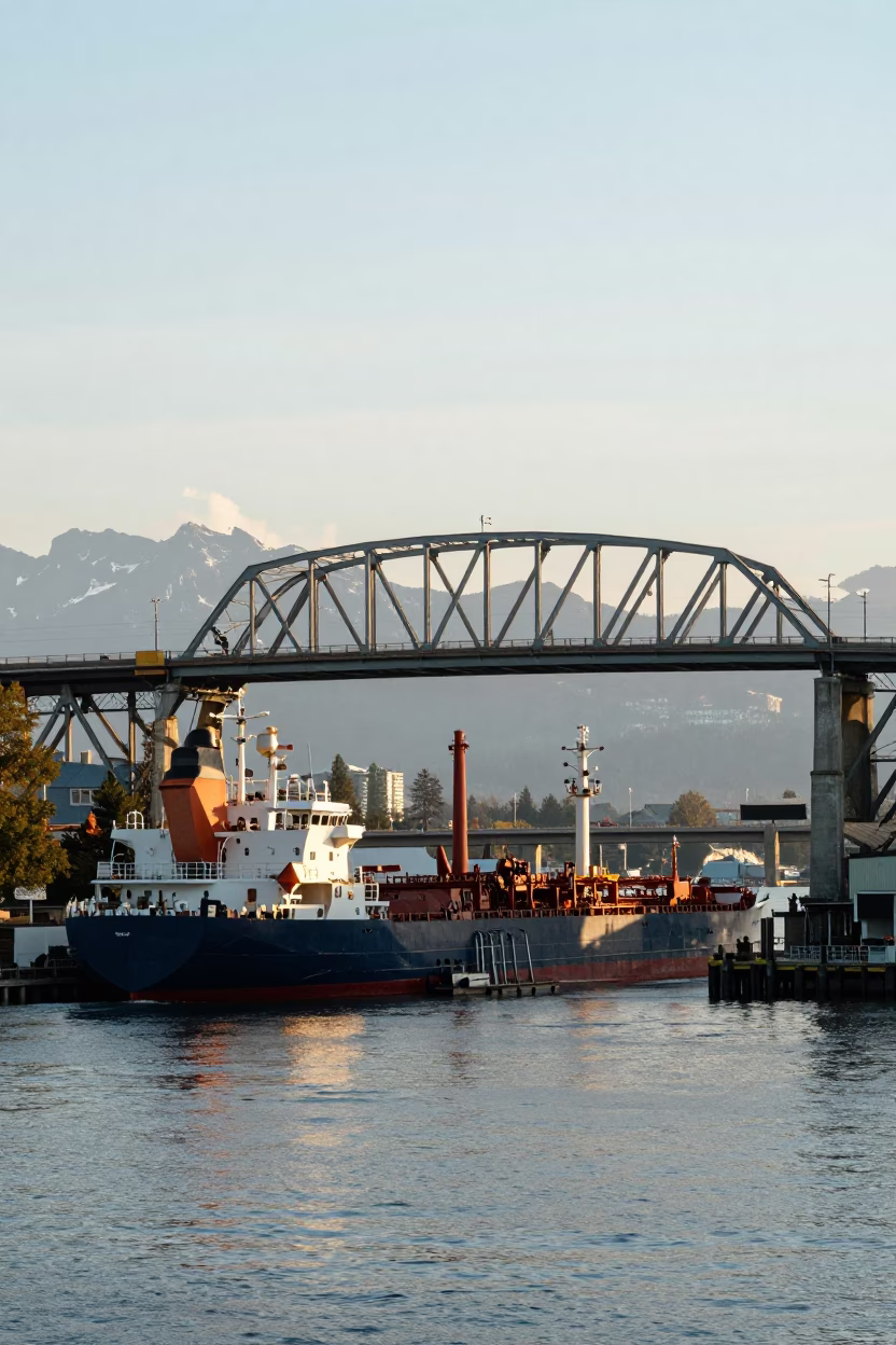 Burrard Street Bridge And Tanker Ship in Vancouver in in Vancouver, British Columbia, Canada