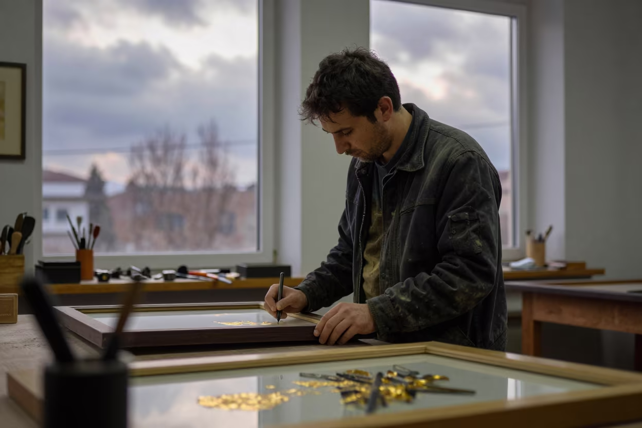 Bursa Framer with Gold Leaf Dust in Soft Dawn Light in in Bursa