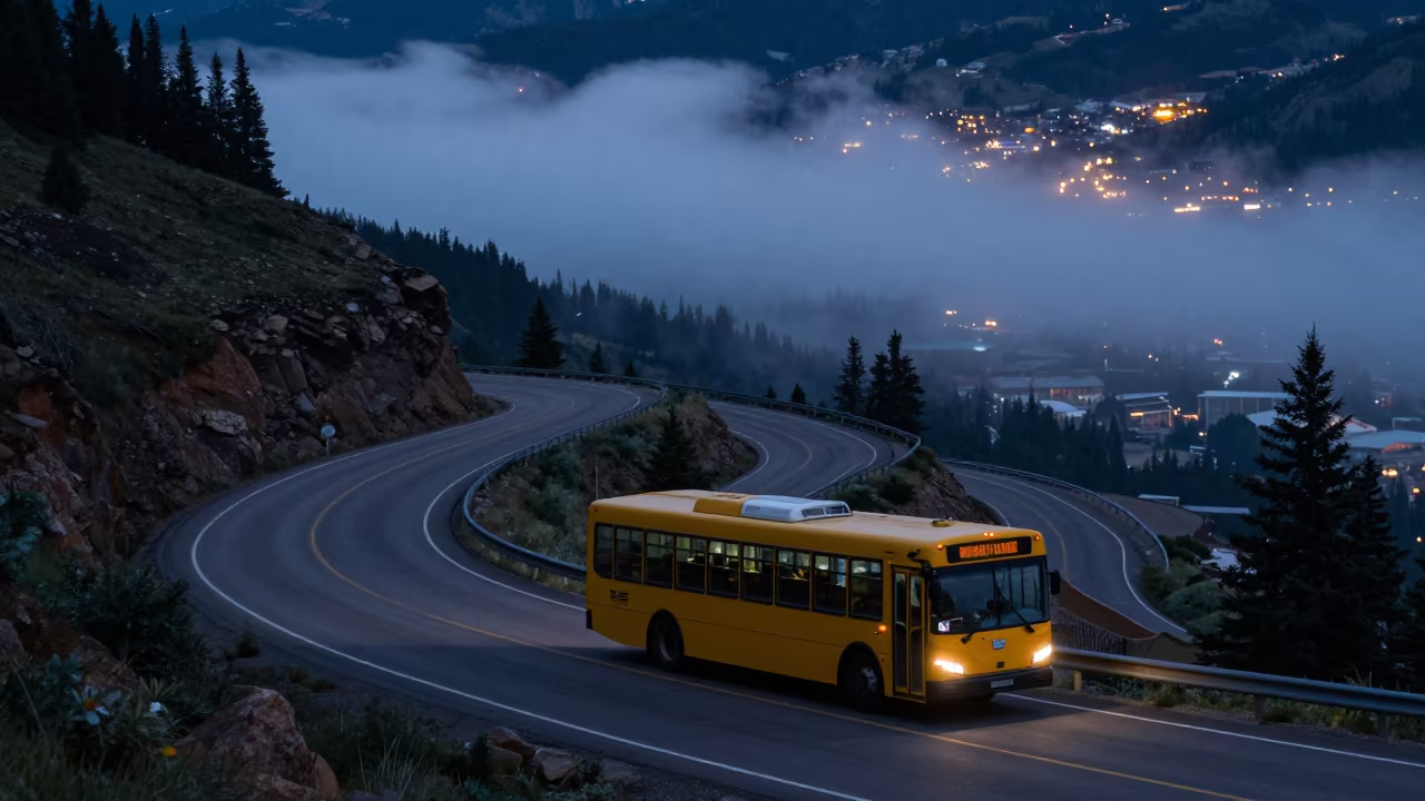 Bus on Colorado Mountain Switchback Above Clouds in in Colorado