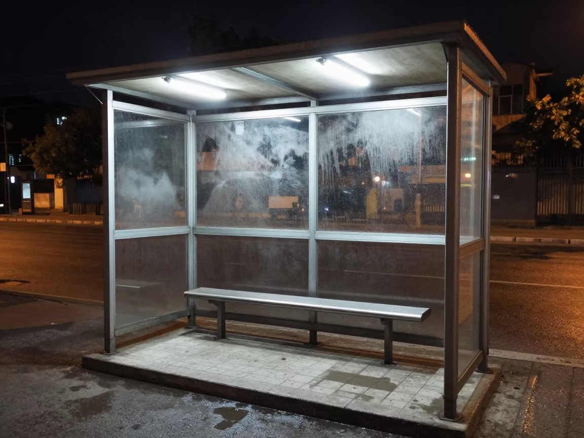Bus Stop Silence Under Harsh Flash in Isfahan in beside a steamed-up bus shelter in Isfahan