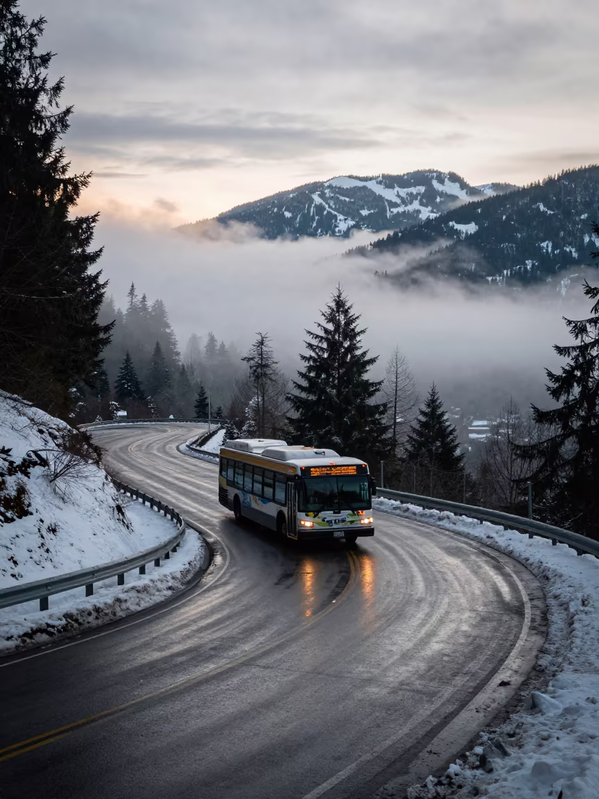 Bus Navigates Winter Switchback Above Strathcona Clouds in near Strathcona, Vancouver
