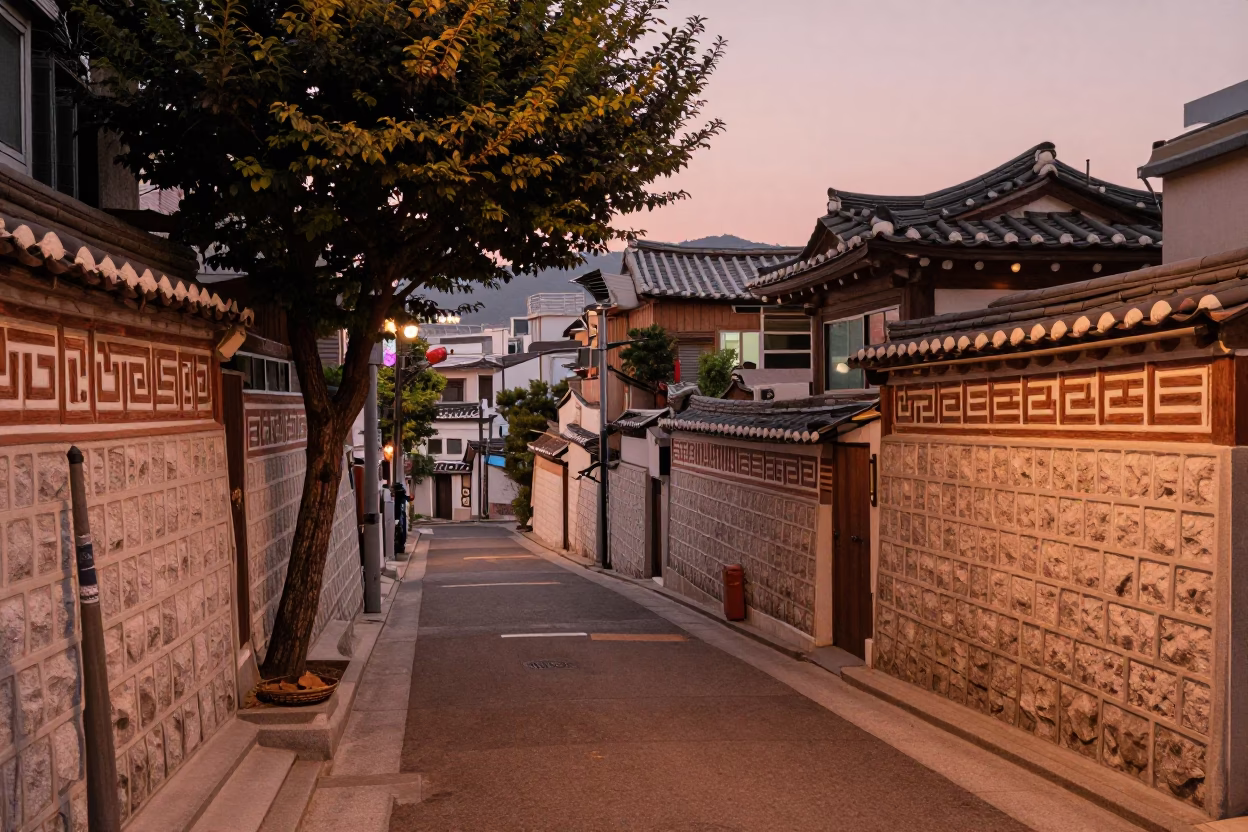 Busan Alleyway Before Dusk With Tree And Basket Tray in in Busan, South Korea