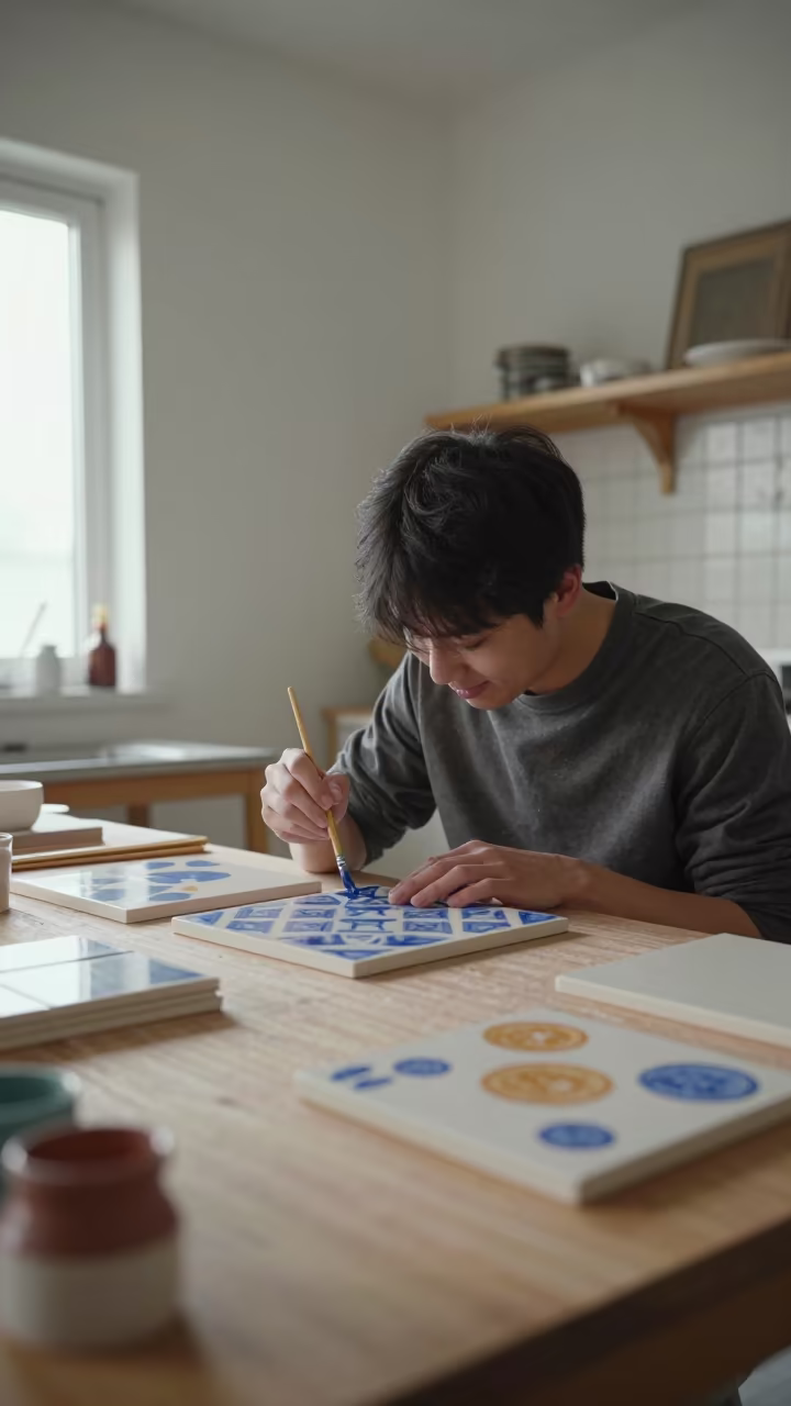 Busan Artist Painting Ceramic Patterns Hand in in a kitchen in Busan