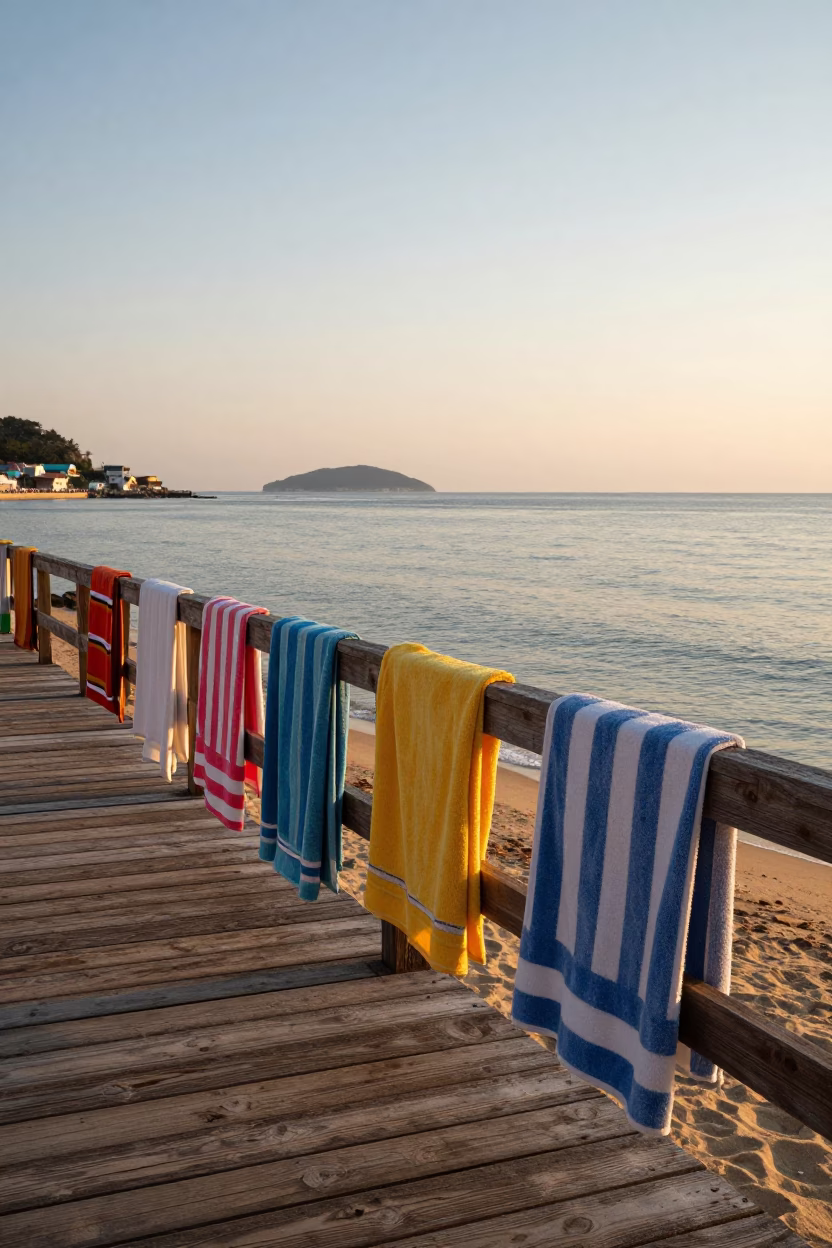 Busan Beach Towels Draped Over Wooden Dock in Honeyed Evening Light South Korea in in Busan, South Korea