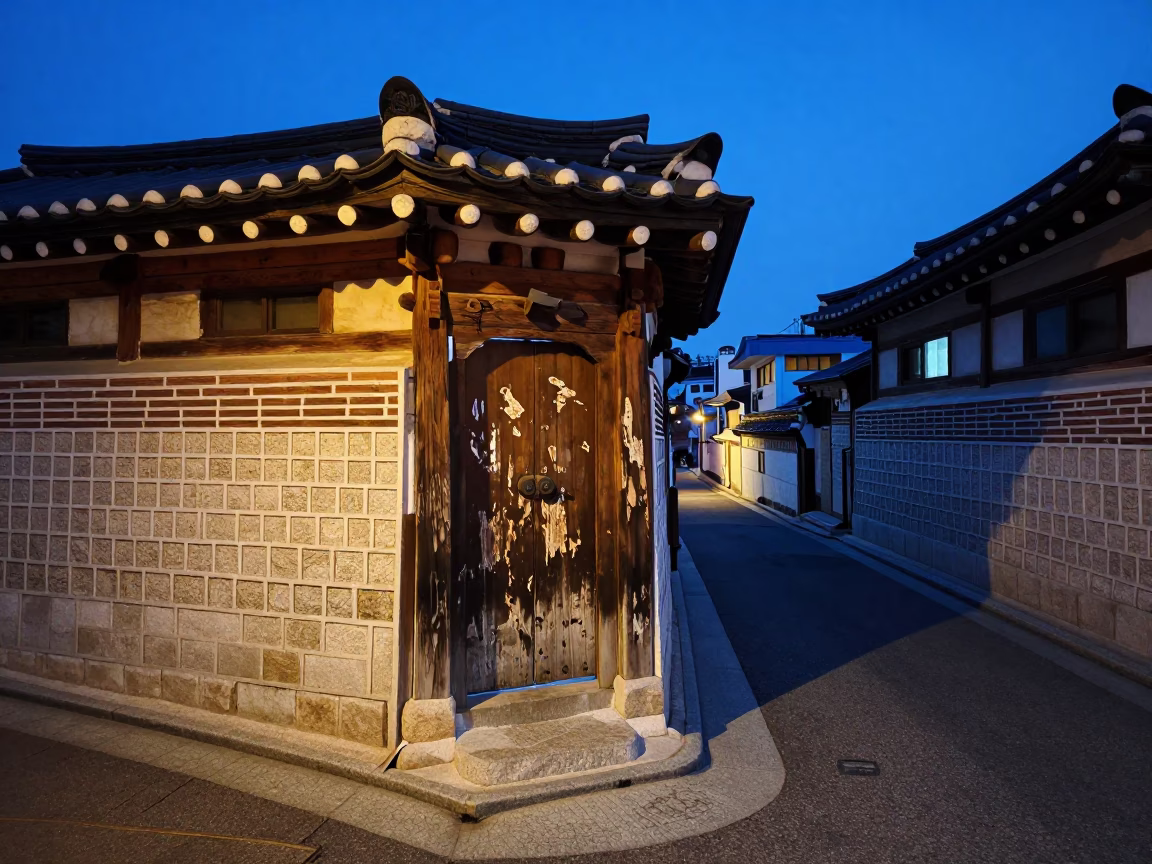 Busan blue hour street corner with scuffed wood and local details in in Busan, South Korea