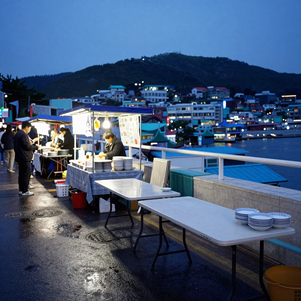 Busan Blue Hour Street Scene with Folding Tables and Porcelain Plates Under Concrete Viaduct in in Busan, South Korea
