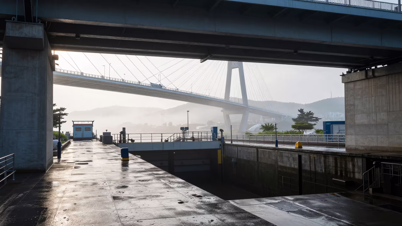 Busan Canal Lock Under Dawn Mist Bridge in under a cable-stayed bridge span in Busan