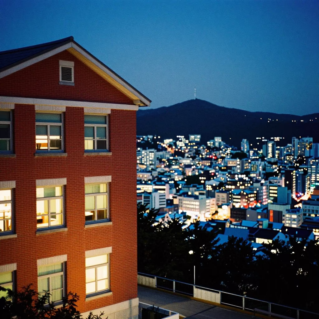 Busan City Lights Begin to Glow Outside Red Brick Lecture Building Bicycle Rack in in Busan, South Korea