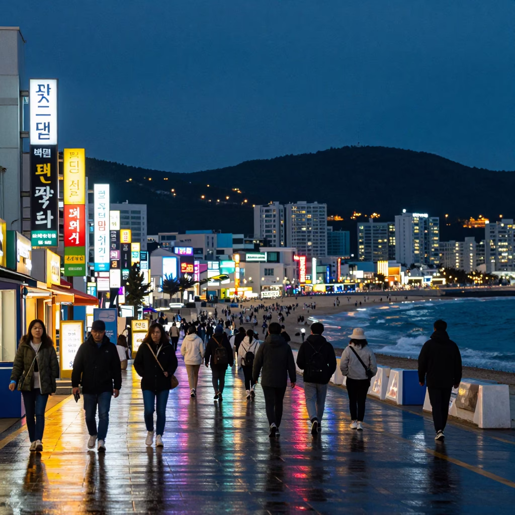 Busan City Lights Glow Over Haeundae Beach Street Scene at Dusk in in Busan, South Korea