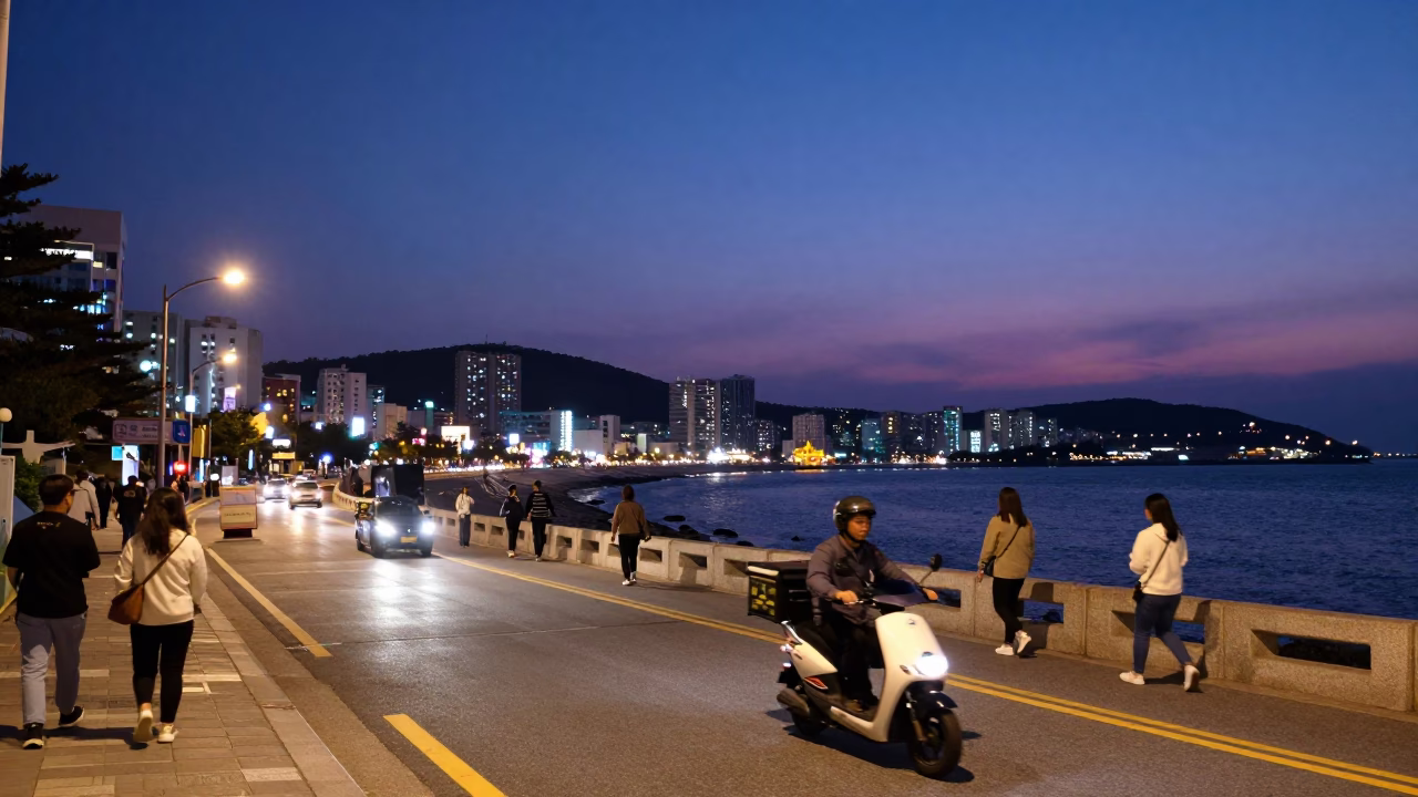Busan City Lights Glow Over Haeundae Beach Street Scene with Scooter and Local Cuisine in in Busan, South Korea
