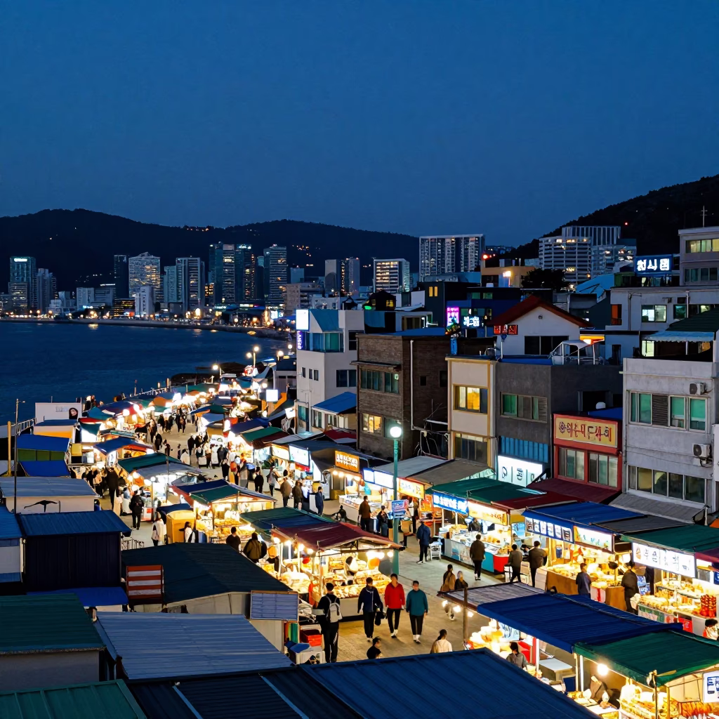 Busan City Lights Glow Over Jagalchi Market Stalls at Dusk in in Busan, South Korea