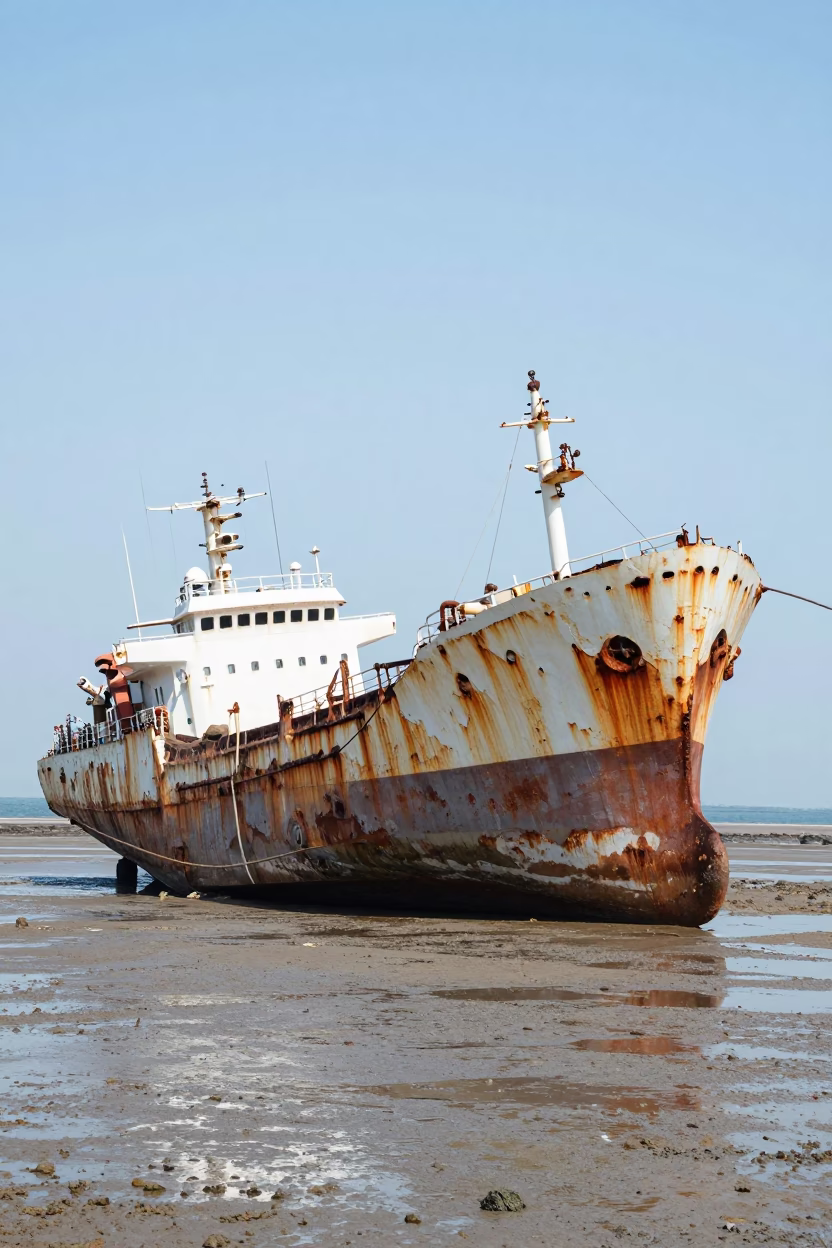 Busan Coastal Ironship Rusting on Tidal Flat Under Noon Glare in in Busan, South Korea