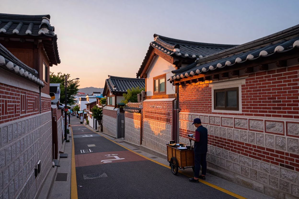 Busan Dawn Street Scene with Espresso Cup and Brush on Wooden Table in in Busan, South Korea