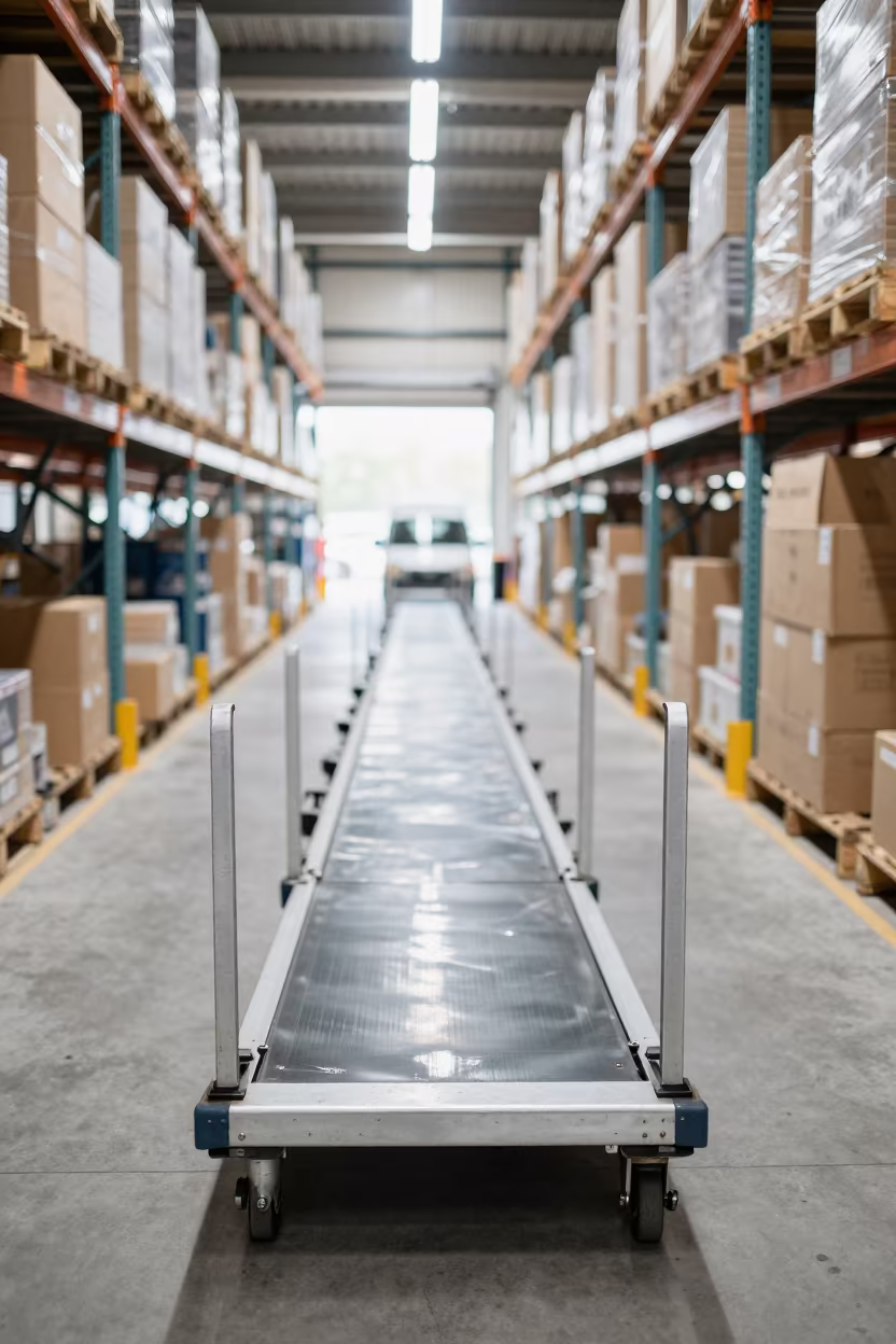 Busan Dock Lane Stanchion Cart with Fluorescent Reflections in at a parcel sorting belt in Busan