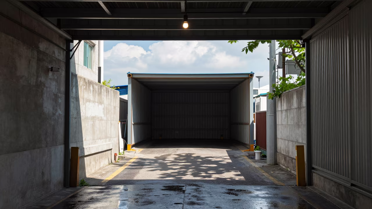 Busan Dock Wet Pavement Midsummer Dappled Light in beside a cross-dock lane under dock lights in Busan