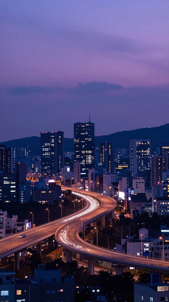 Busan Evening Skyline Overpass Ramp Slicing Across Violet Dusk Light in in Busan, South Korea