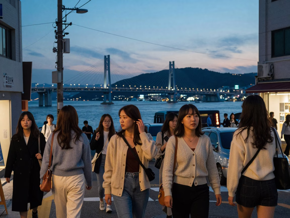 Busan Evening Street Scene with Fashionable Women in Cardigans Near Haeundae Beach in in Busan, South Korea