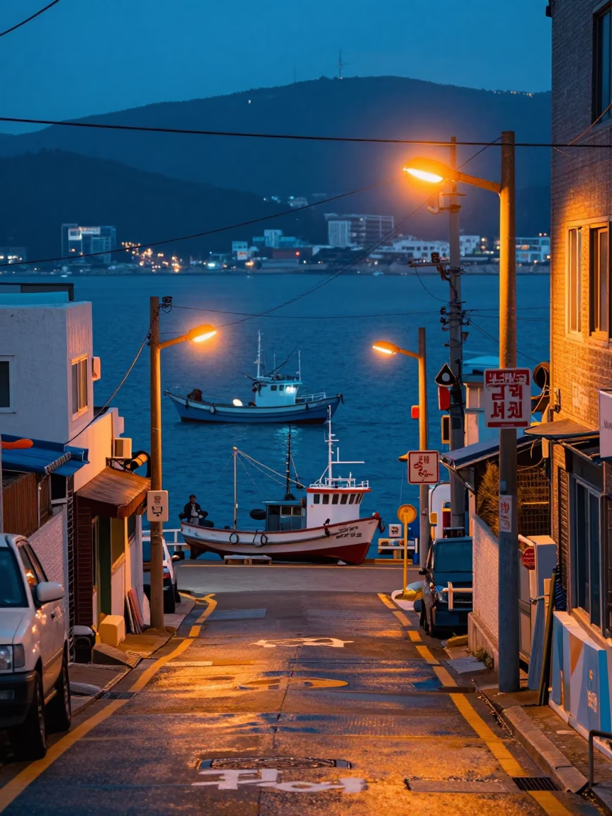 Busan Evening Street Scene with Fishing Boat and Sodium Lights in in Busan, South Korea