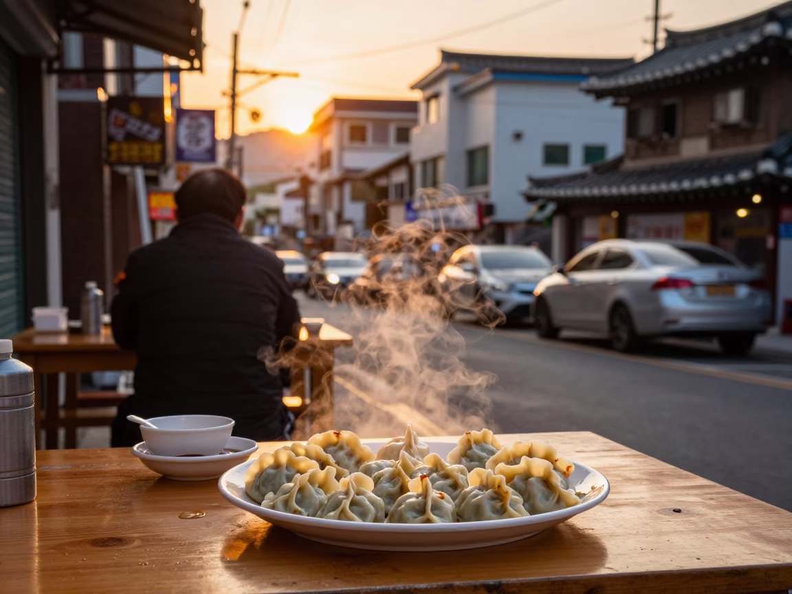 Busan Evening Street Scene with Mandu Dumplings and Traditional Korean Dining Atmosphere in in Busan, South Korea