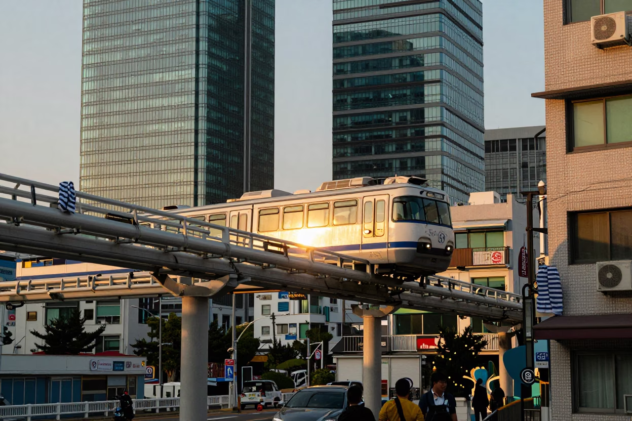 Busan Evening Street Scene with Monorail and Glass Towers in Honeyed Light in in Busan, South Korea