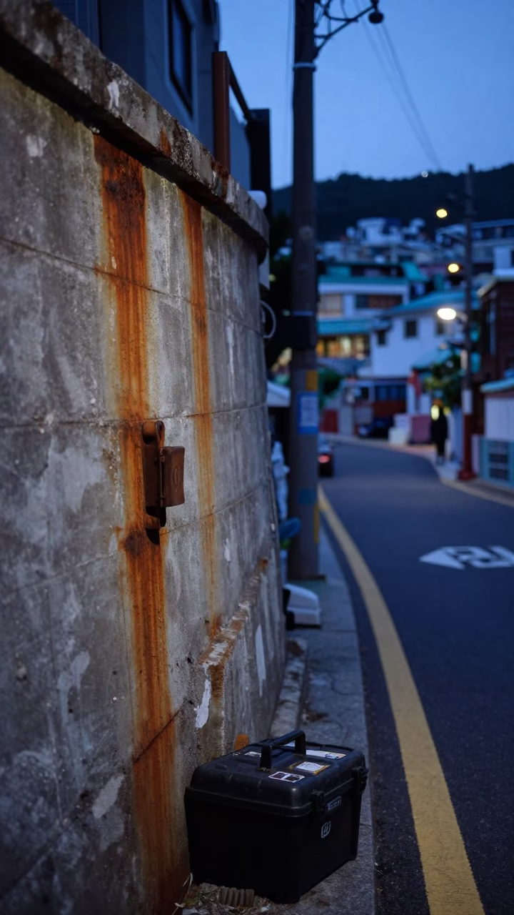 Busan Evening Street Scene with Rusty Wall and Toolbox Near Coastal Port in in Busan, South Korea