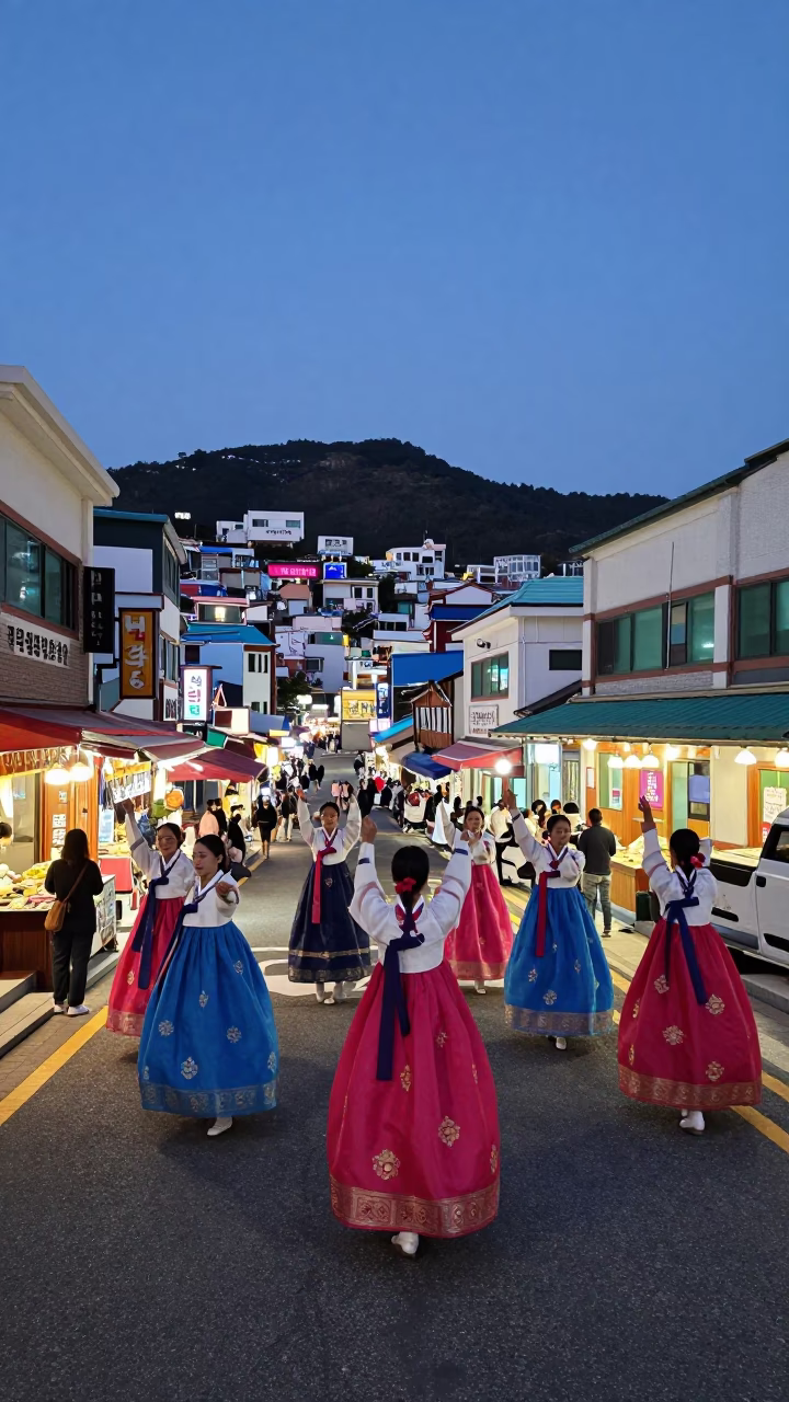 Busan Evening Street Scene with Traditional Hanbok Dancers and City Lights in in Busan, South Korea