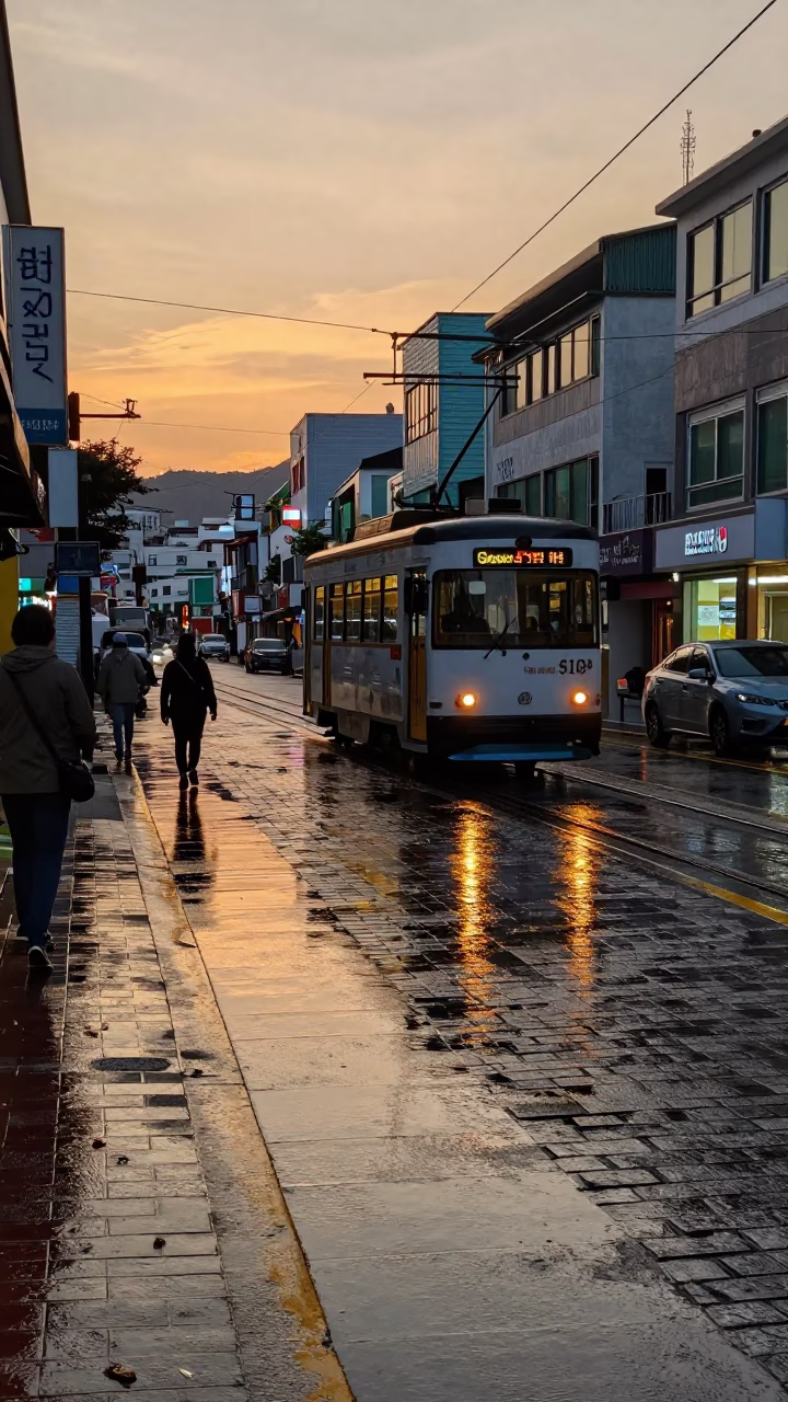 Busan Evening Street Scene with Tramcar Reflection in Rain on Cobblestones in in Busan, South Korea