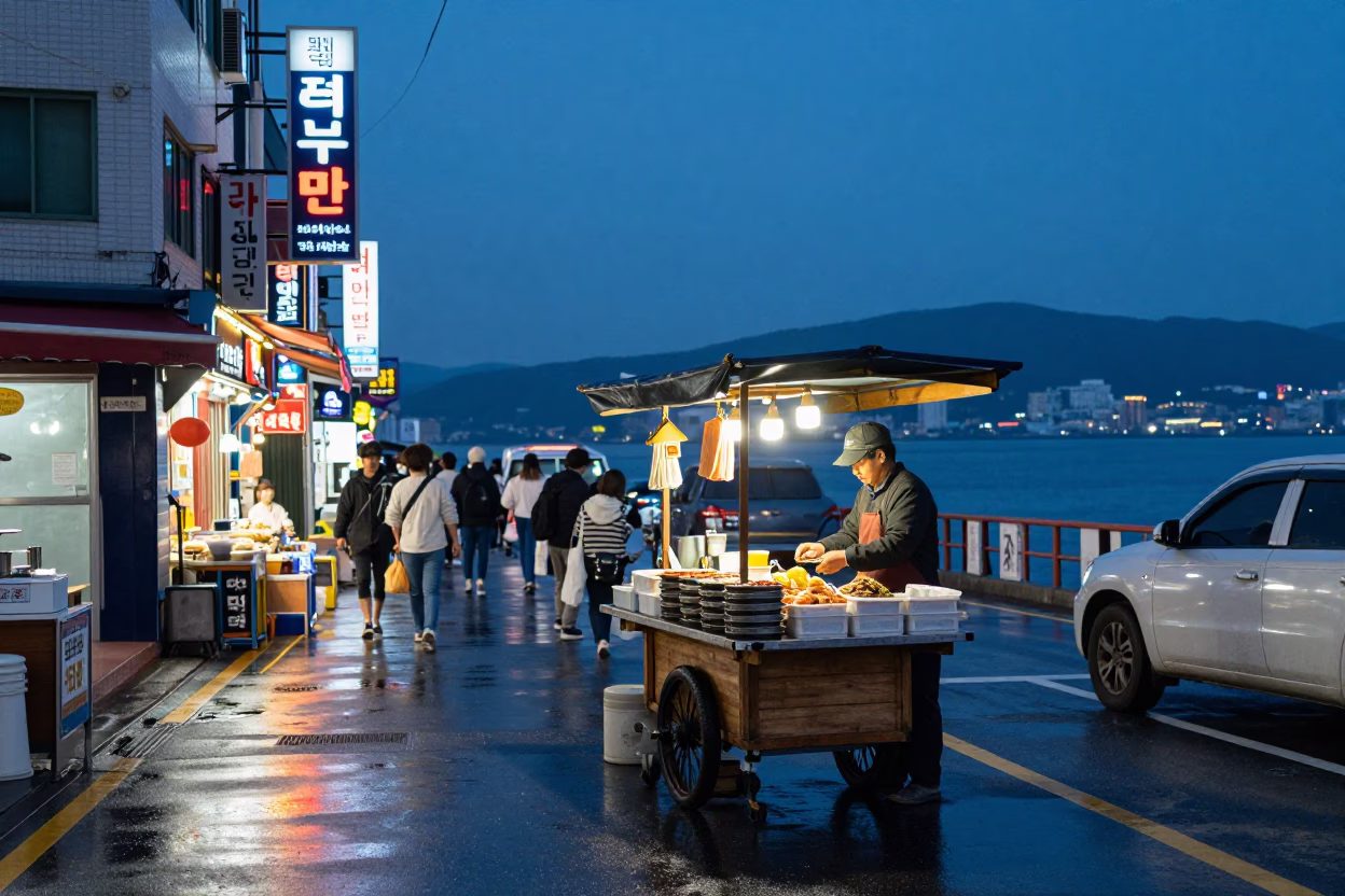Busan Food Scene at Blue Hour in in Busan, South Korea